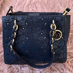 Michael Kors Sophia North South Navy Floral Crossbody Satchel with Gold Accents